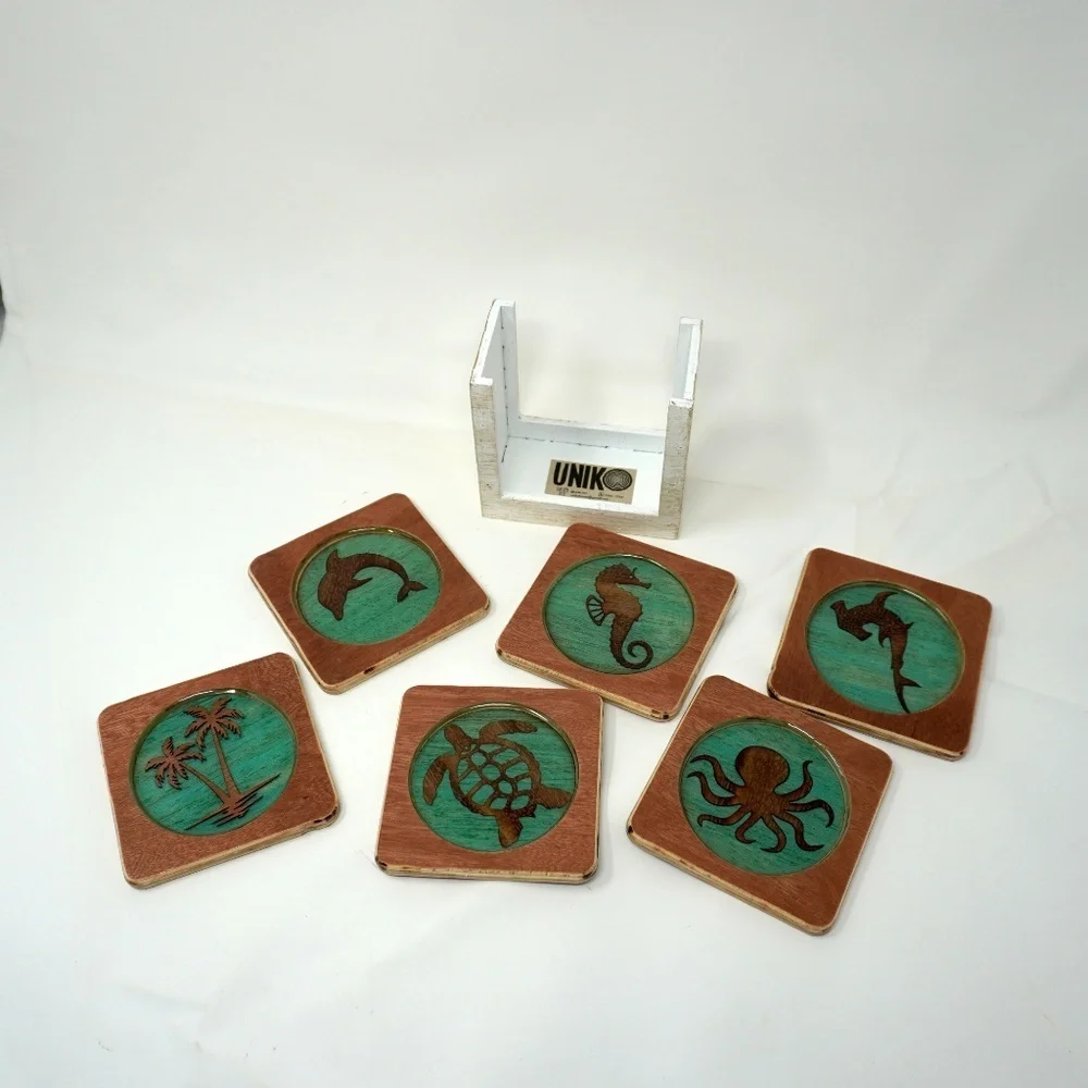 Handmade UNIKO Wood Carved Sealife Coasters